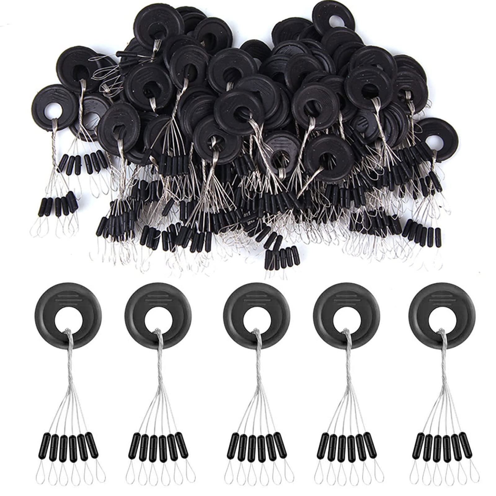 Fishing Bobber Stopper,300Pieces/50Groups 6 in 1 Black Rubber Space Beads Cylindrical Fishing Bobber,3 Size Float Sinker Line Stops (L)