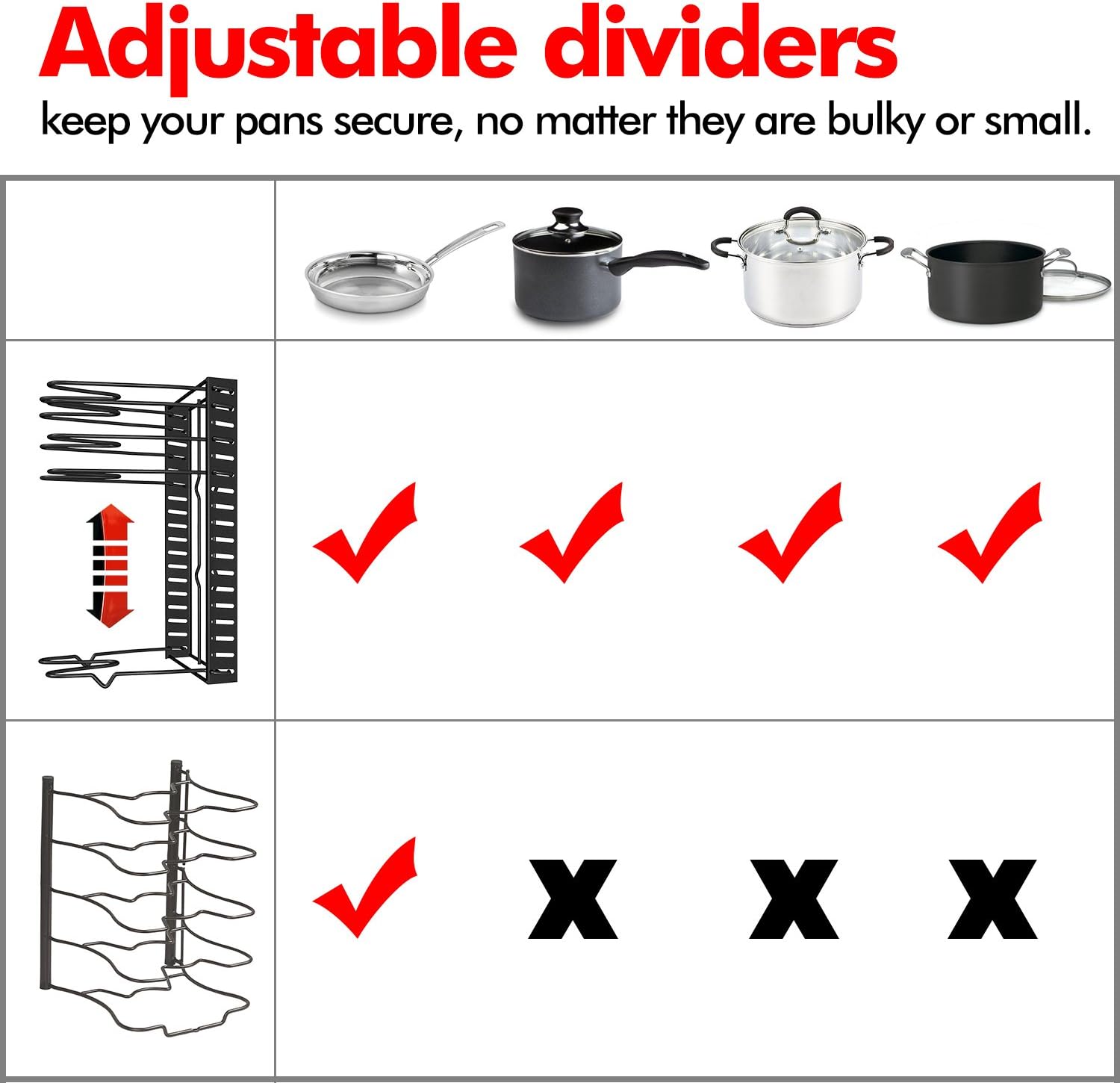Height Adjustable Pan Organizer Rack, VDOMUS Pan and Pot Lid Holder Black Metal (Black): Home Improvement