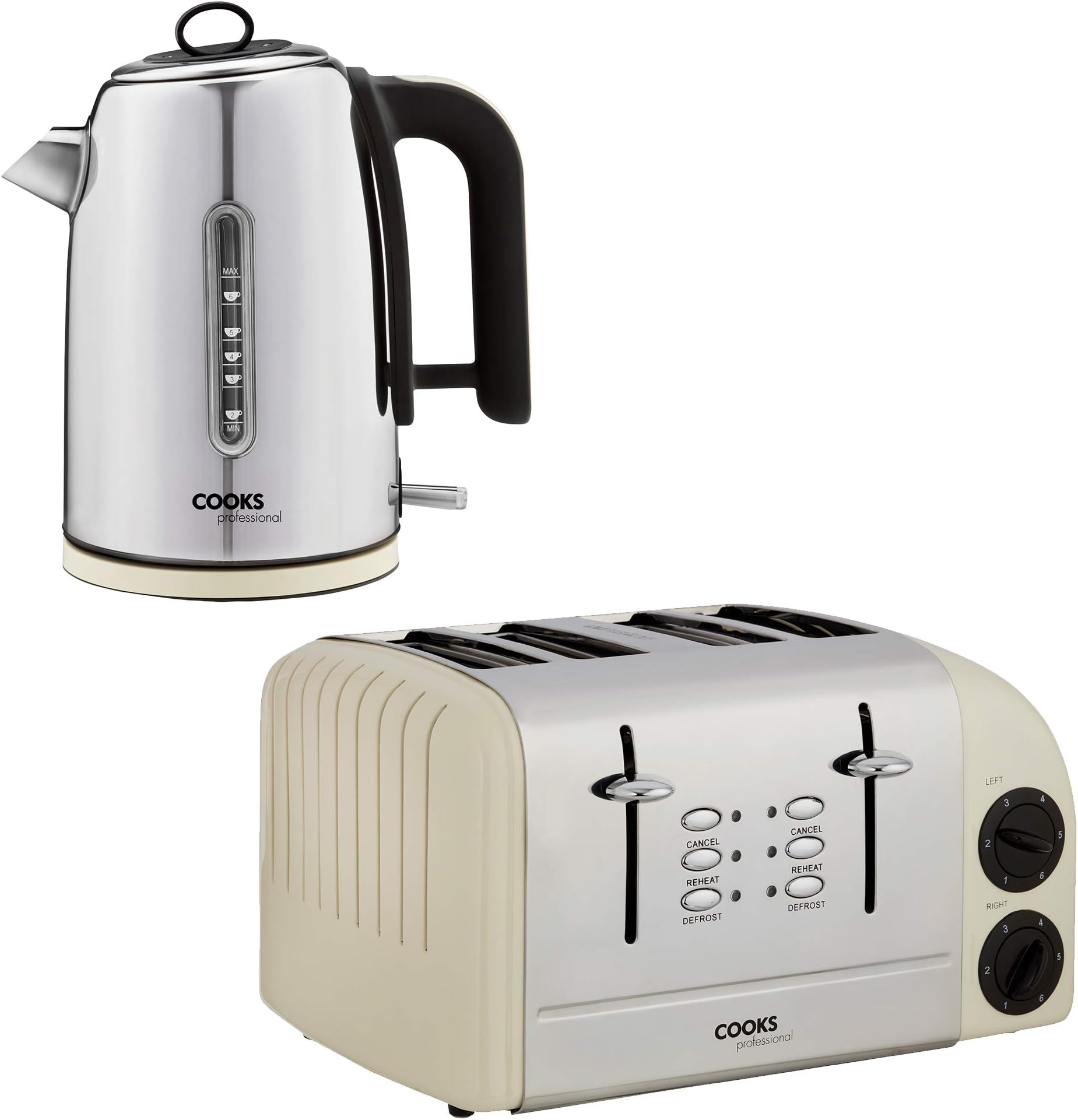 Cooks Professional Electric Kettle & Toaster Set, 3000W 1.75L Capacity 4 Slice Extra Wide Slots for Home & Kitchen (Cream)