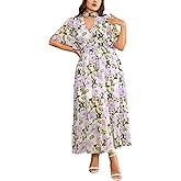 EYWOL Plus Size Floral Maxi Dress Chiffon V Neck Flutter Sleeve Summer Wedding Guest Boho Long Dresses