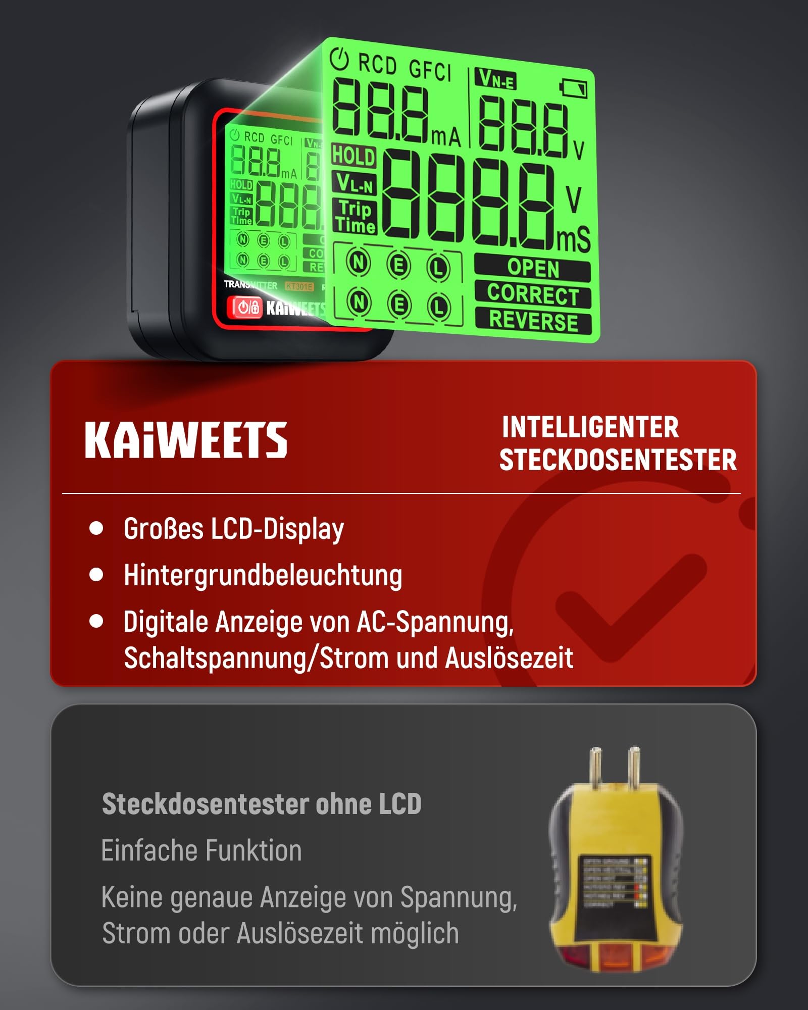 KAIWEETS Sicherungsfinder Set mit 2,2 Zoll LCD, Steckdosentester mit RCD-Test zur Verdrahtungsprüfung, Leitungssucher mit NCV und LED-Taschenlampe für Elektriker und Heimgebrauch 3