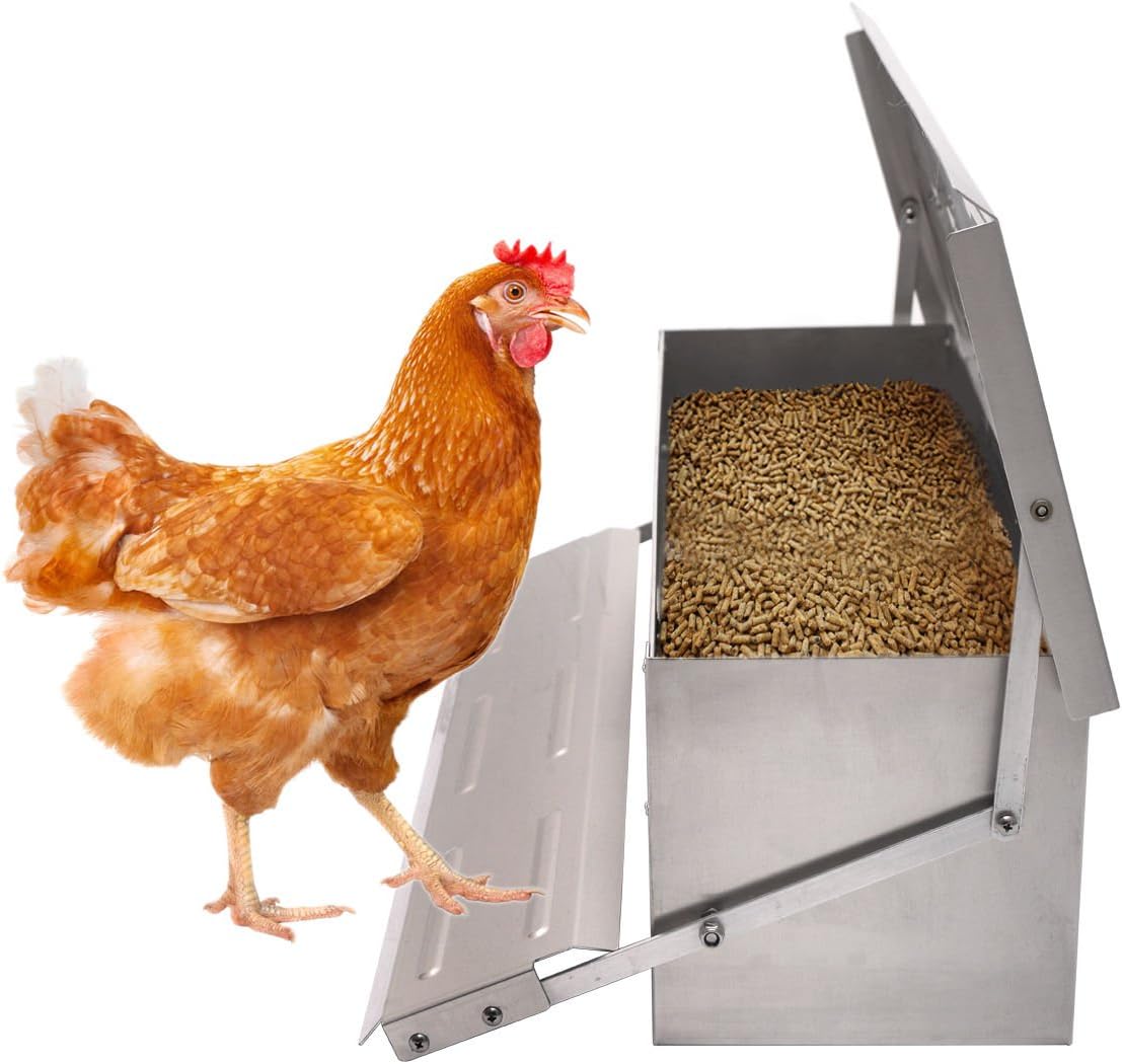 Automatic Chicken Chook Poultry Feeder 10.3 lbs of Feed Aluminum Auto Treadle Self Opening Container Size 22"L x 14.1"W x 7.2"H