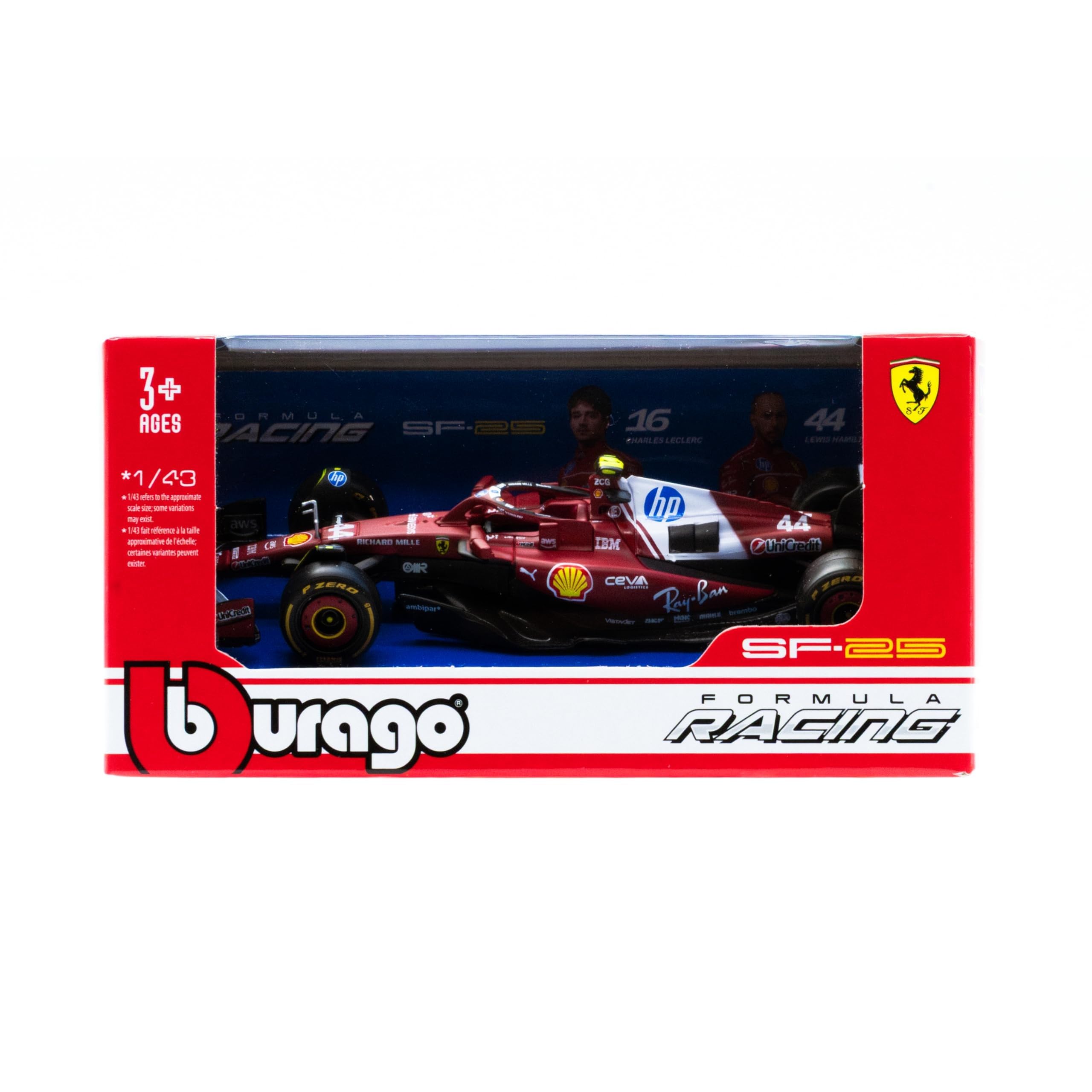 BBURAGO - Ferrari SF-25 F1 2025#44 Hamilton, 1:43 Scale Diecast Car, Detailed Replica of Ferrari Formula 1 Single-Seater, Officially Licensed by Ferrari, Recommended Age 3+ Years
