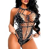 Kaei&Shi Exotic Dancewear,Sparkly Rhinestone Fishnet Body Suits Ladies,Sheer Mesh Sexy Thong Bodysuit Rave Festival Club