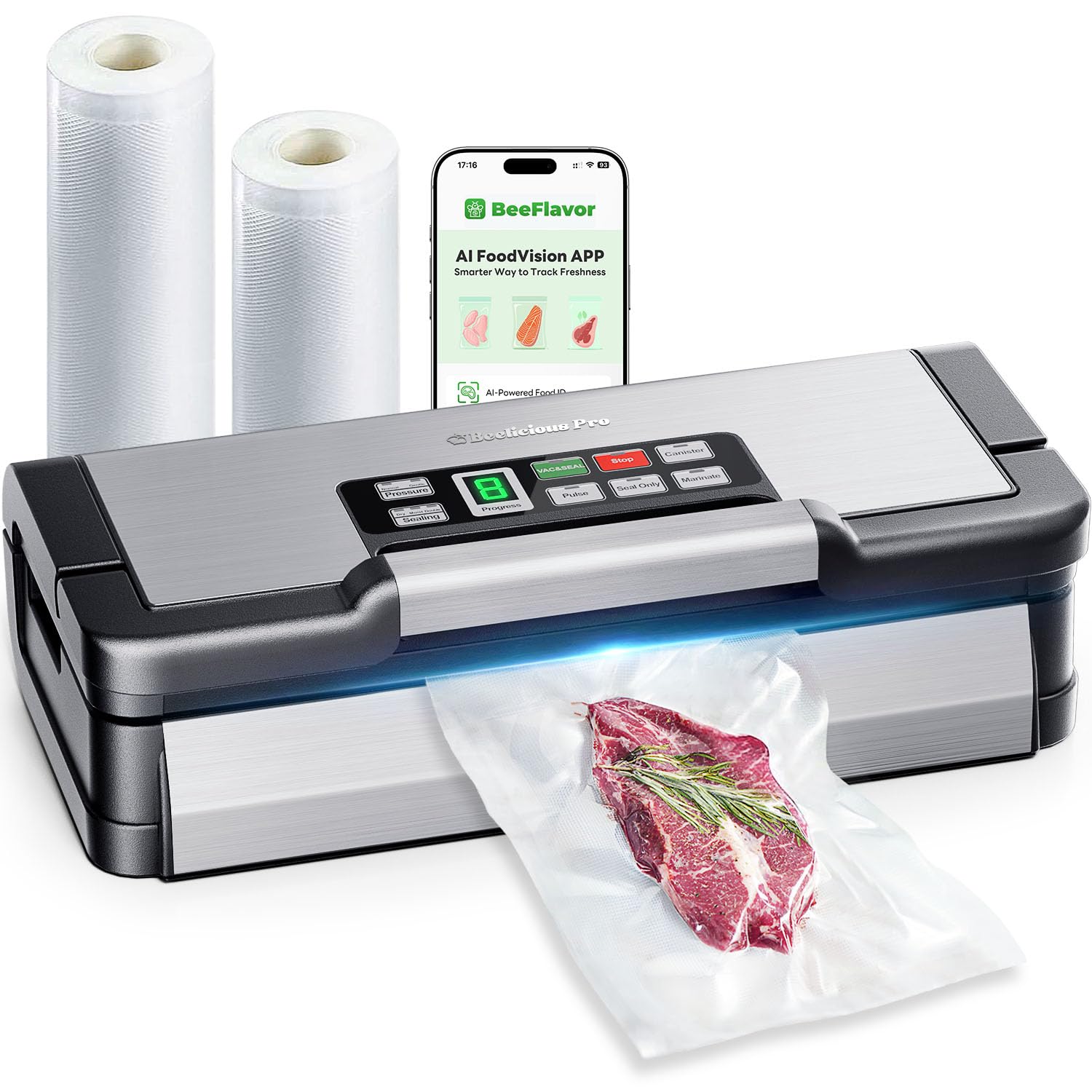 Photo 1 of 95kPa Vacuum Sealer Machine with AquaLock Technology, for Moist Seals, 2X Seal & 130W, Fully Automatic Food Sealer, Built-In Cutter, Bag Storage & Hose, Precision Sealing, 2 Bag Rolls,Stainless Steel