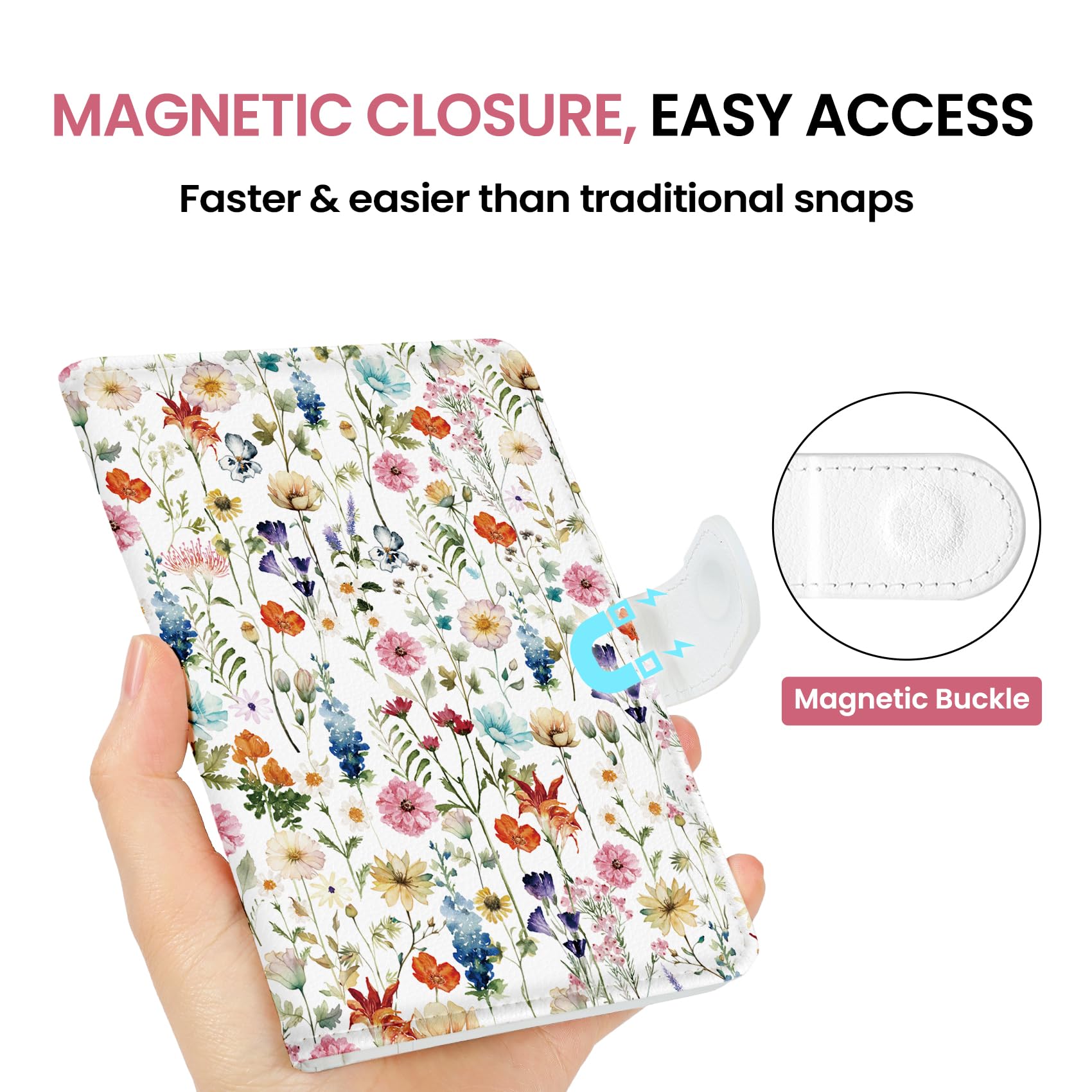 Passport Holder for Travel Essentials, RFID Blocking Leather Cover Wallet with Magnetic Closure, Aesthetic & Cute Passport Book Case for Women and Men - Wildflower