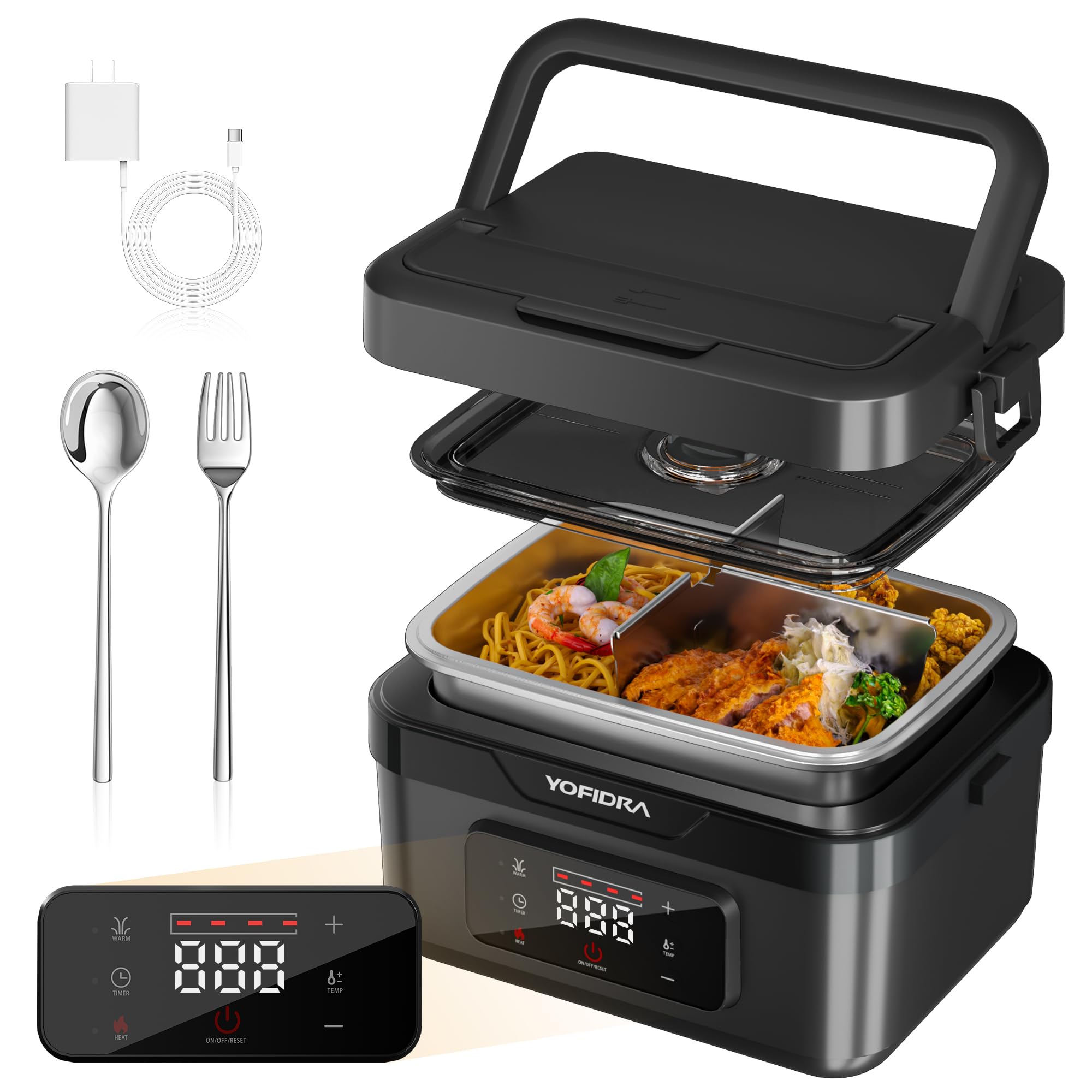 Yofidra Cordless Electric Heated Lunch Box: 6.3 Cups Self Heating Lunch Box with Battery, Timer & Temperature Control, Extra Large Portable Food Warmer for Adults, Men & Women in Office Car Outdoor