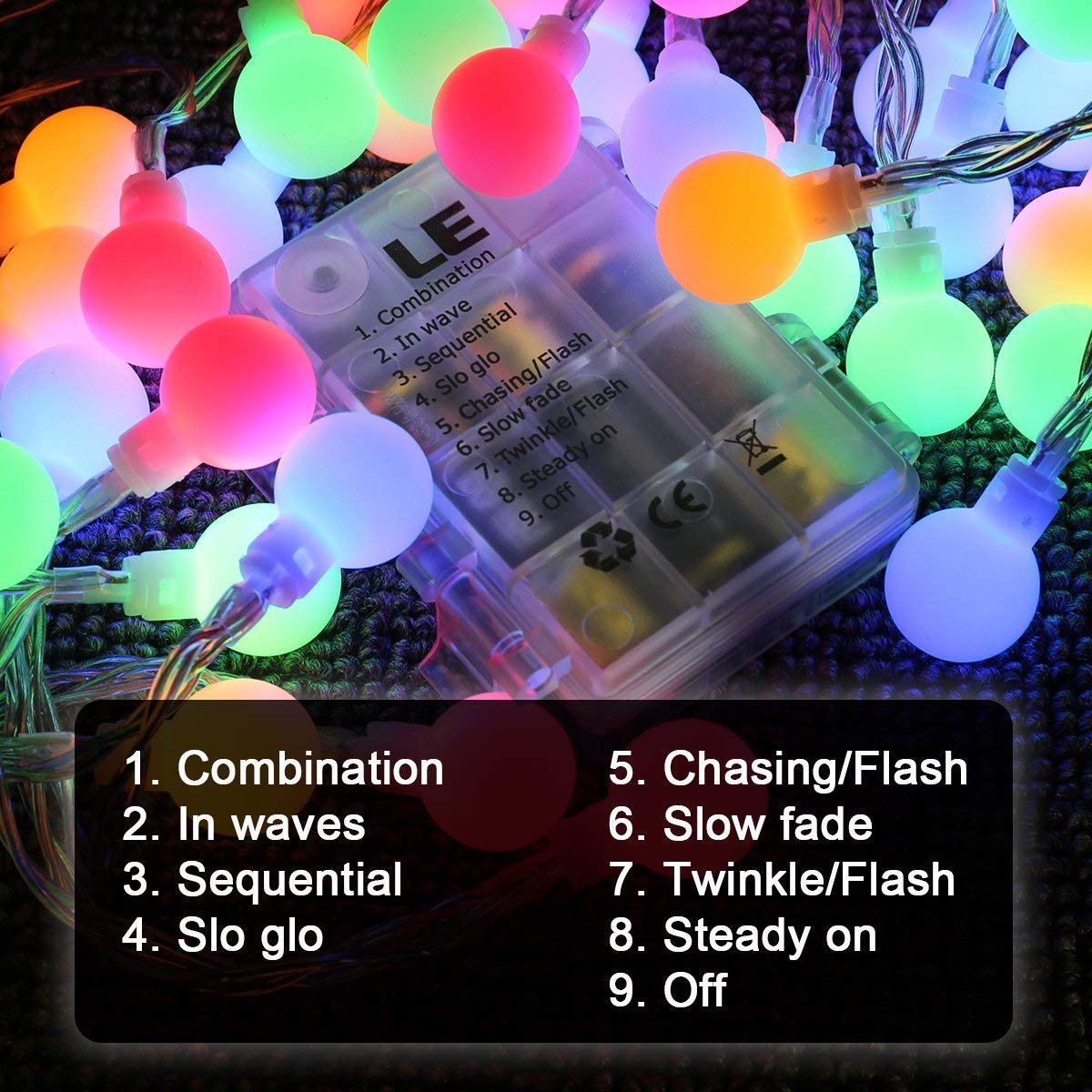 LE 50er LED Kugel Lichterkette 5m Farbig Lichterketten IP44 wassergeschützt batteriebetrieben Fernbedienung Zeitschaltuhr Merkfunktion