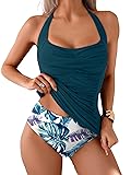 Eomenie Womens Halter Tankini Bathing Suit Ruched