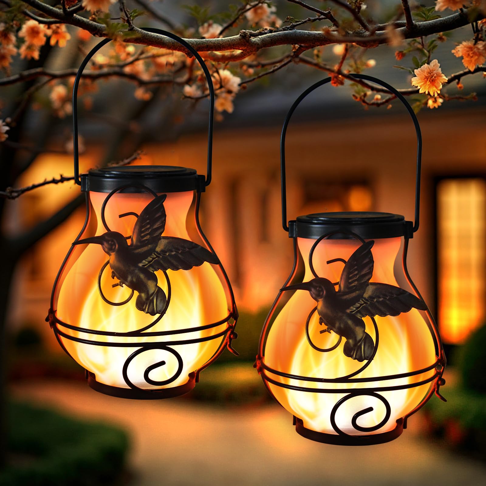 Photo 1 of 2 Pack Solar Lanterns Outdoor Waterproof Flickering Flame Lights Hummingbird Metal Hanging Solar Lantern Patio Porch Garden Decoration