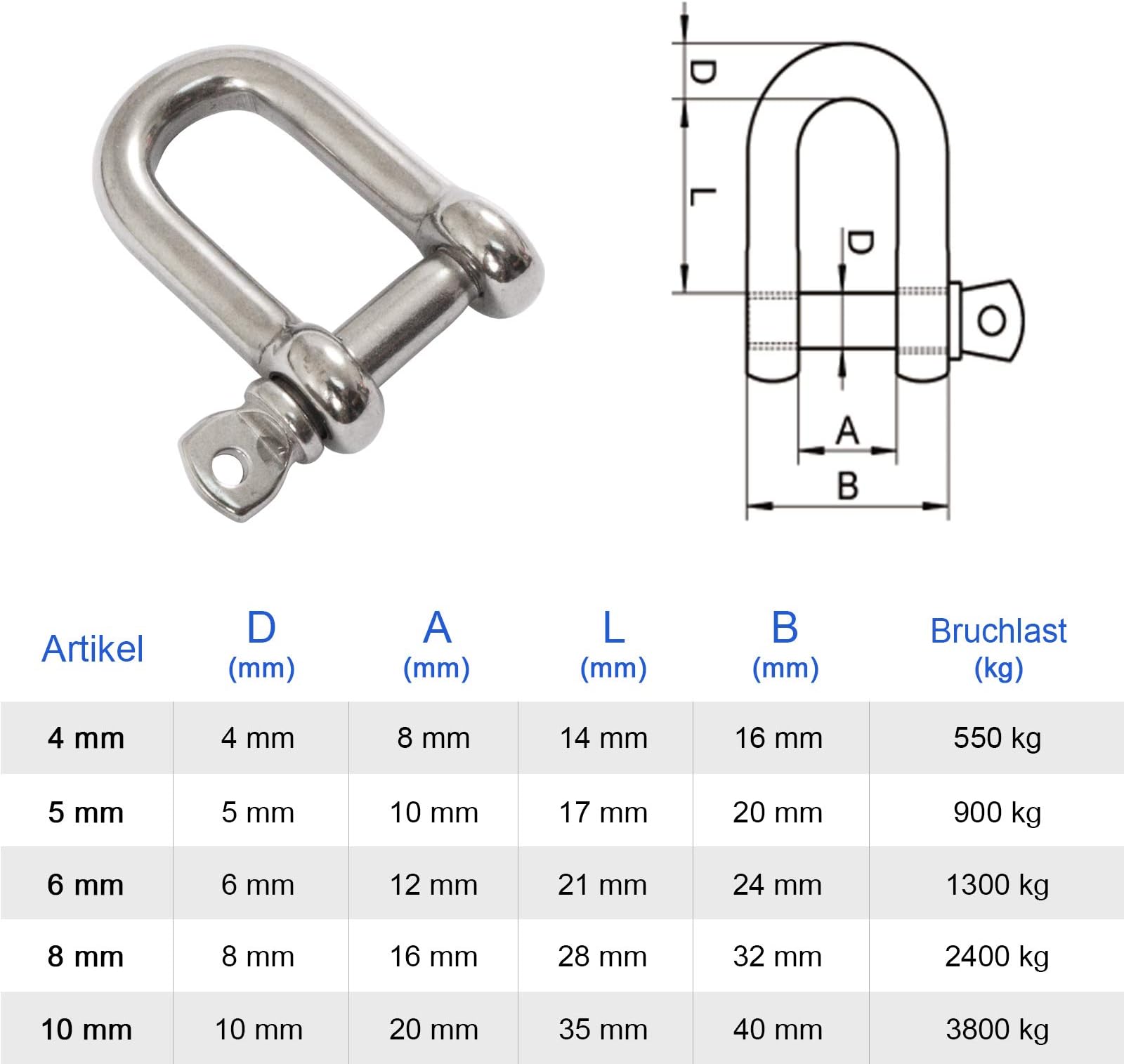 DRS Shackle Standard VA Rust-Proof Stainless Steel V4 A A4 seegeln