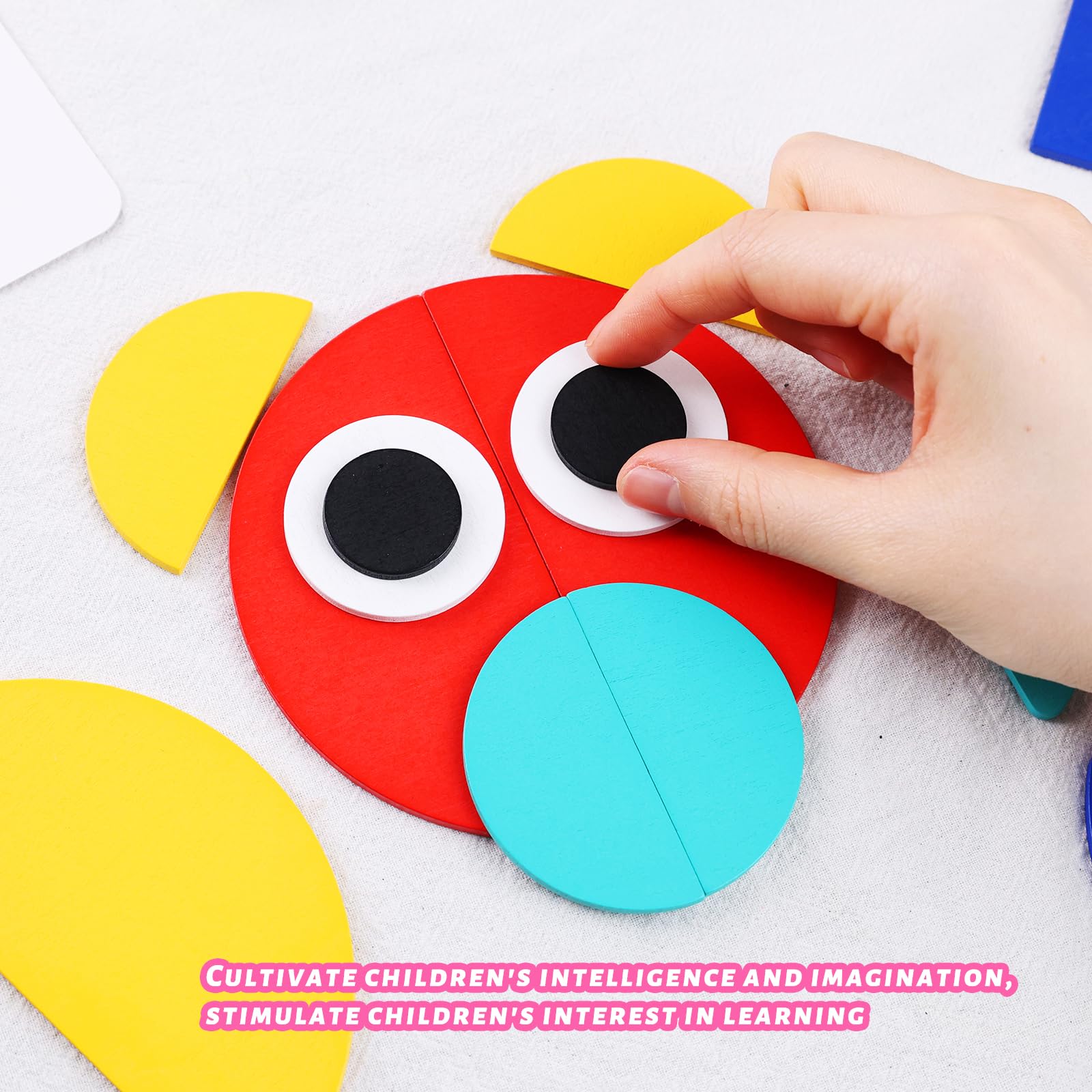 LovesTown 36 Wooden Pattern Blocks with 60 Cards, Open Ended Wooden Shape Puzzles Montessori Preschool Education Toy Tangram Shape Puzzle for Toddler Kids