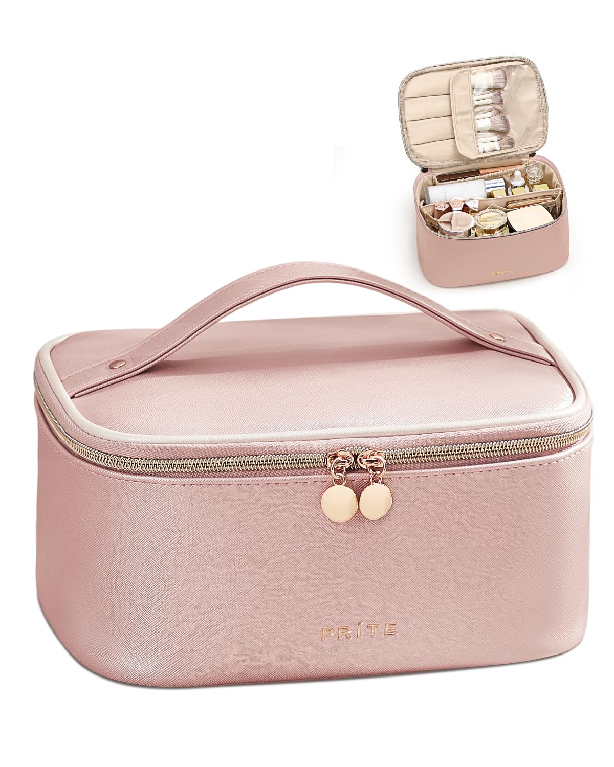 Prite Large Makeup Bag for Women Travel Cosmetic Case Waterproof PU Leather Toiletry Bag Portable Make Up Organiser with Handle and Removable Divider (Pink)