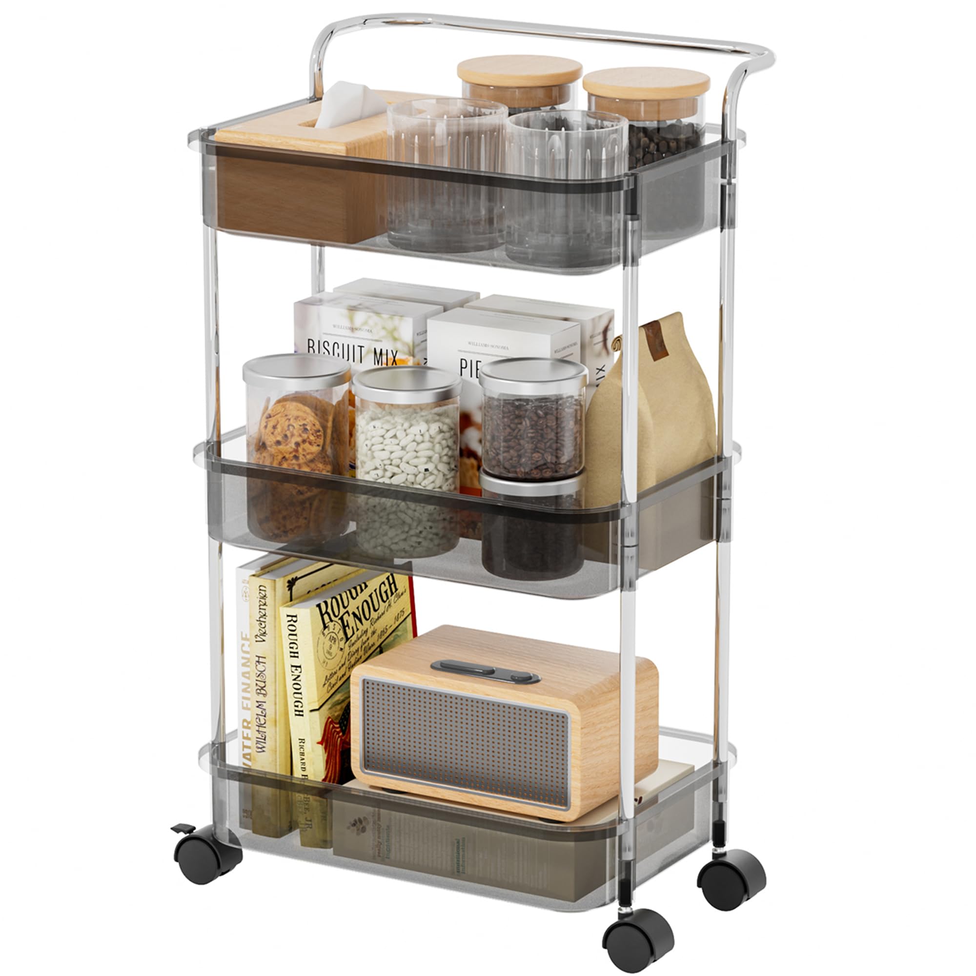 Photo 1 of STARLATTA 3 Tier Rolling Cart with Wheels, Plastic Storage Trolley for Kitchen, Bathroom, Laundry, Baby Diaper, Craft, Movable Utility Shelf Organizer with Handles, Black