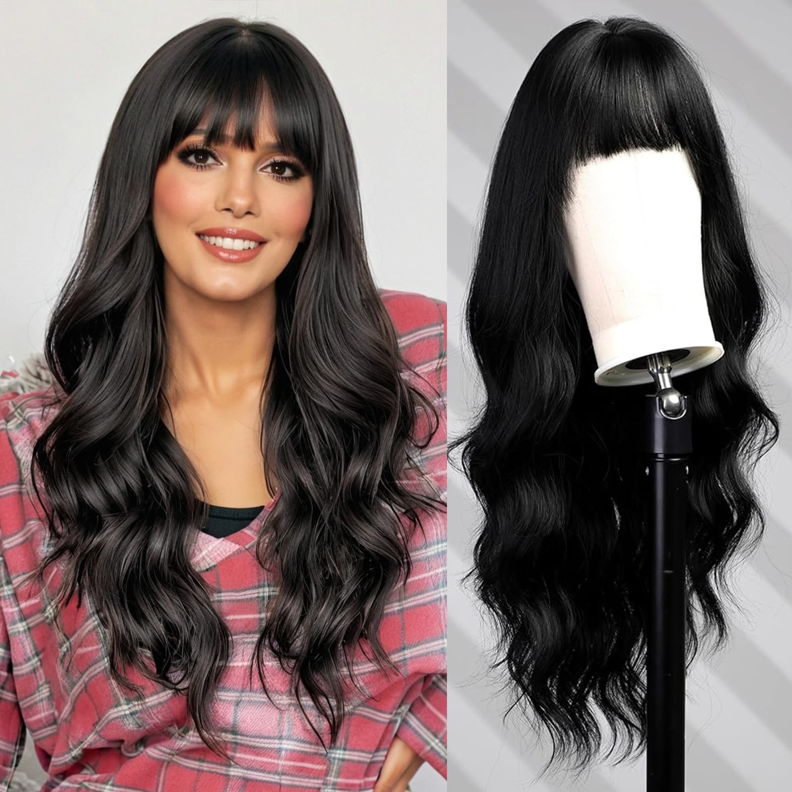WOKESTAR Long Black Wigs for Women Synthetic Hair Wavy Wig with Fringe