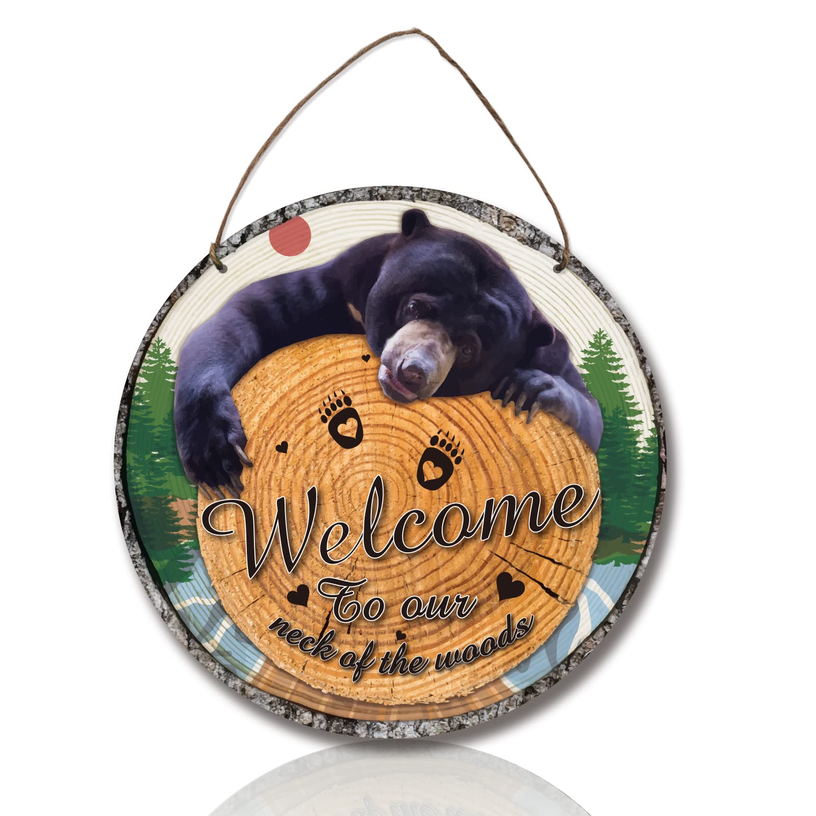 PLIGREAT Cute Black Bear Welcome Sign, Natural Wood Hanging Wall Decoration Sign, Round Wooden Welcome Sign for Farmhouse Lake House Forest Cabin Front Door Decor Outdoor Wall Decoration Porch Decor