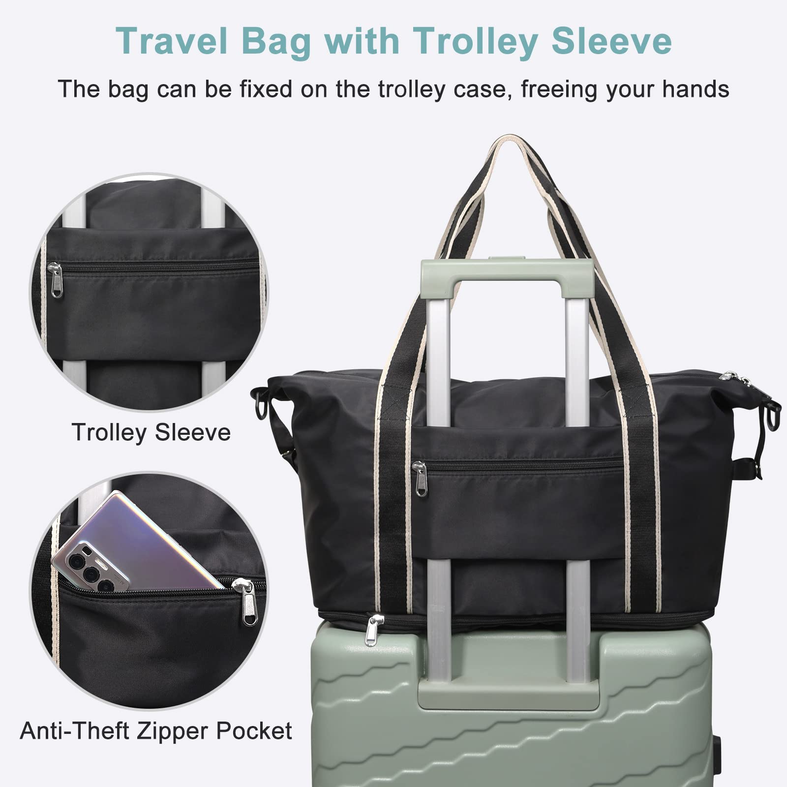 DMLuna Travel Duffel Bag, Tote Sports Gym Bag, Shoulder Overnight Weekender Bag for Women & Men, Hospital bag, Expandable Duffel Bag with Trolley Sleeve/Wet Pocket