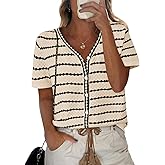 NALANISA Women's Short Sleeve Sweater Spring Summer Crochet Knit Tops 2026 V Neck Striped Button Down Dressy Casual Blouses