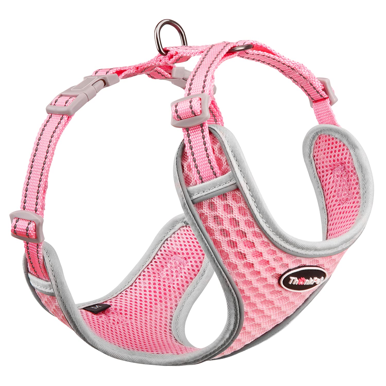 ThinkPet Reflective Breathable Soft Air Mesh No Pull Puppy Choke Free Over Head Vest Ventilation Harness Leash Set for Puppy Small Medium Dogs Pink M