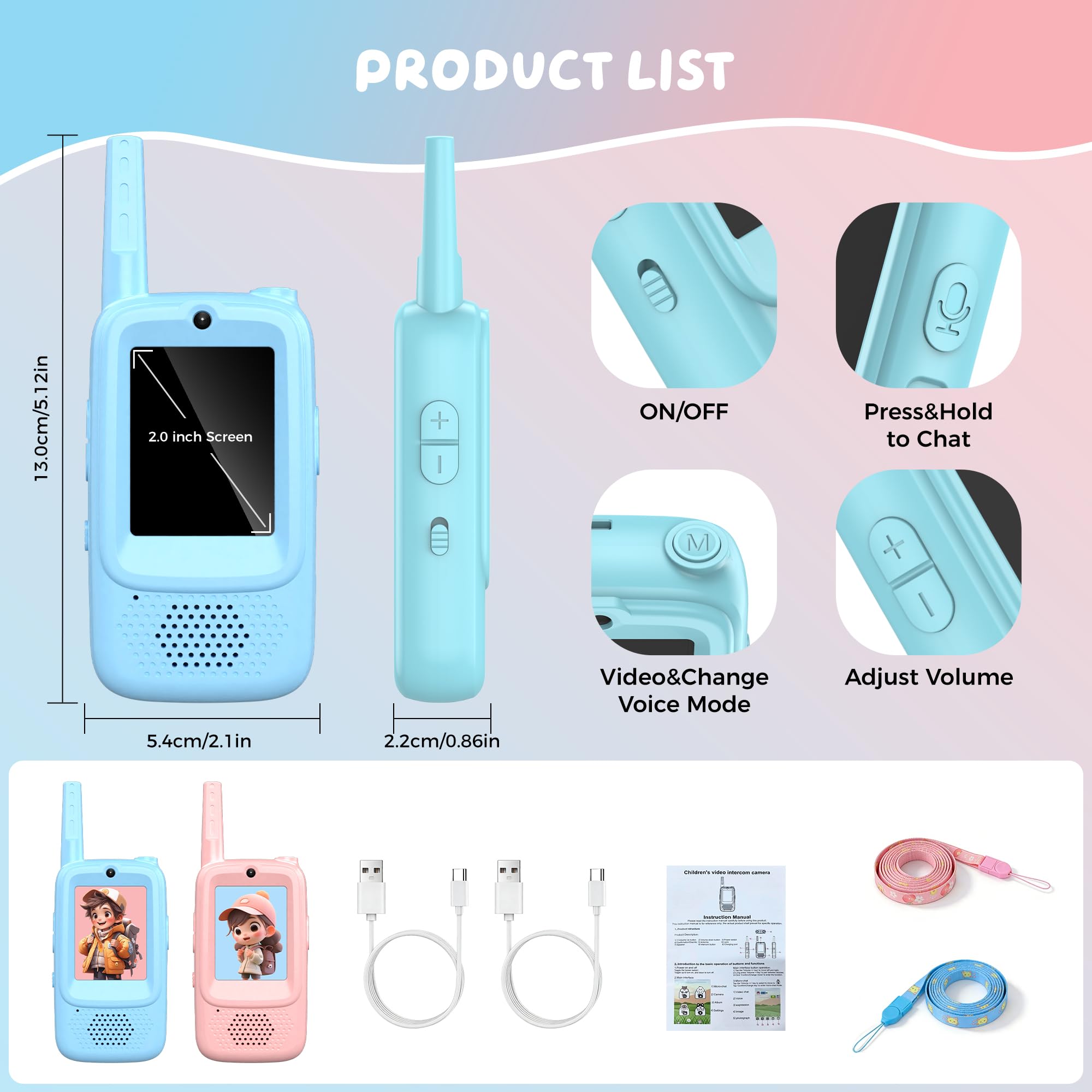 Video Walkie Talkies for Kids, 2 Pack Rechargeable Walkie Talkies with Screen, Long Range 2 Way Radio with 4 Voice Effects, Christmas Birthday Gifts for Age 3-12 Boys Girls Indoor/Outdoor/Camping