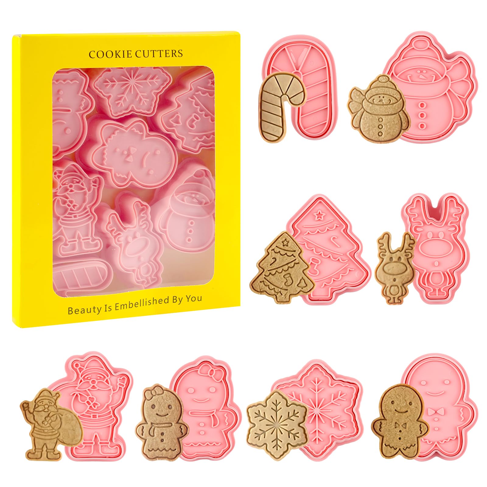 Christmas Cookie Cutter, 8 Pcs Christmas Biscuit Cutters, 3D Pressable Christmas Cookie Stamp-Gingerbread Man, Reindeer, Snowman, Cane, Snowflake, Christmas Tree, Santa for Cookie Baking