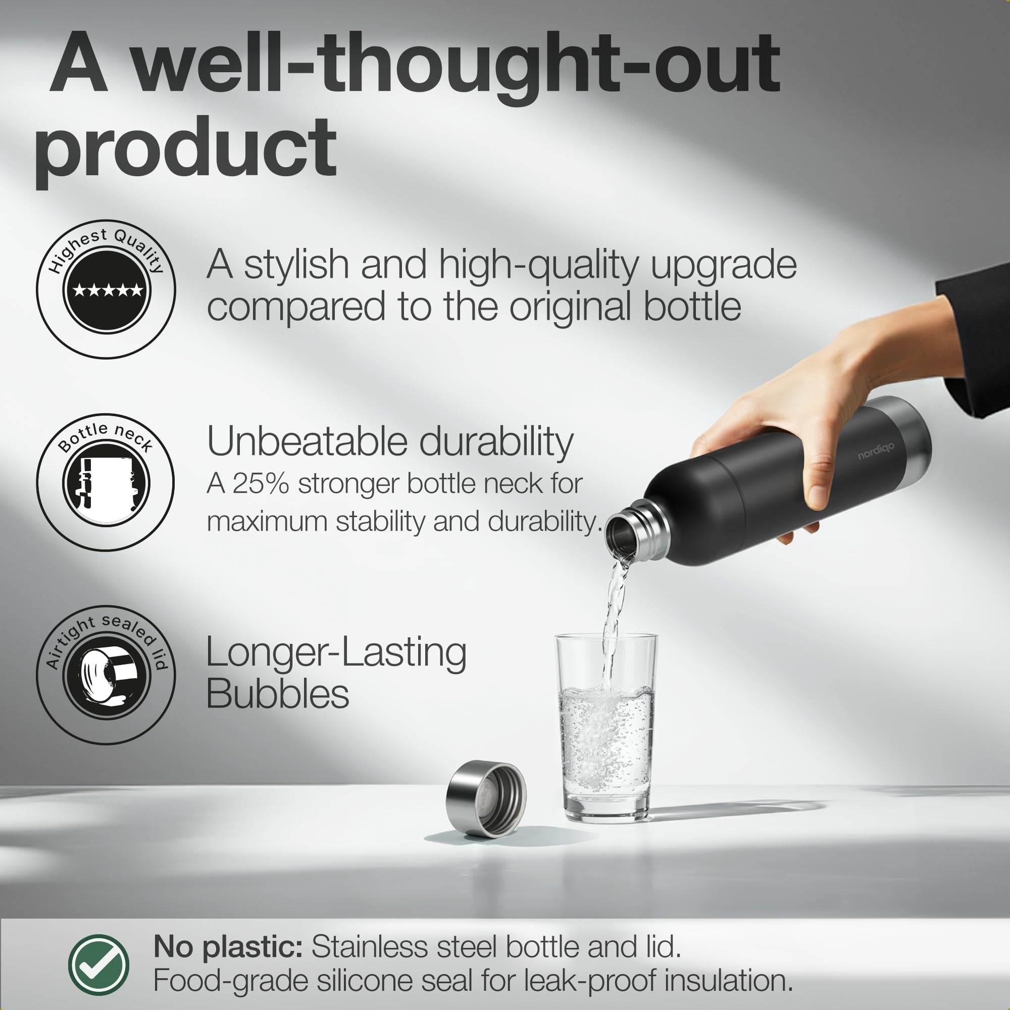 Premium 33 oz Stainless Steel Bottle - Compatible with Sodastream Art, Duo, Enso, Terra (not Aqua Fizz), Aarke Carbonator 3 | No expiration date | Dishwasher safe | Bpa-free