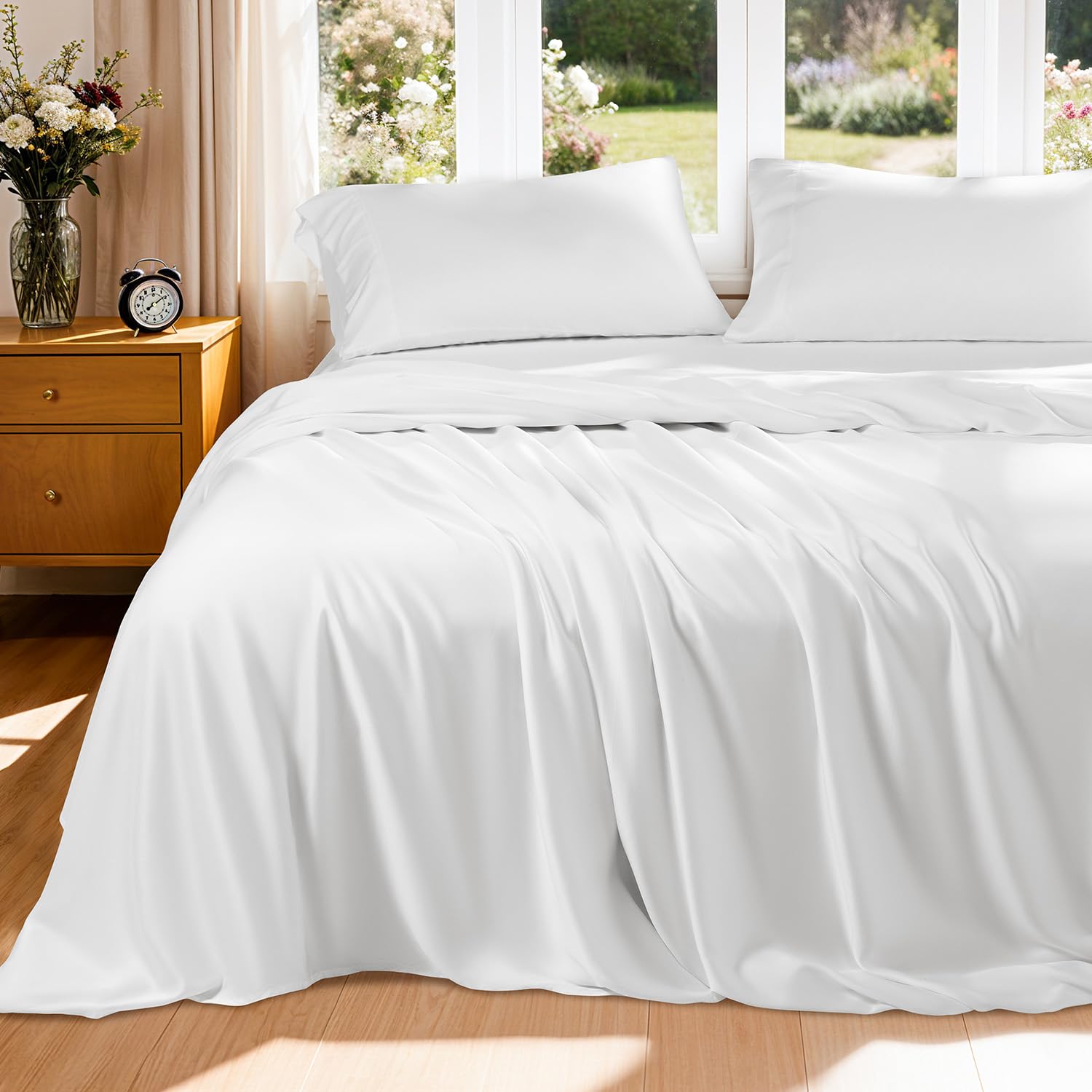 Photo 1 of AiAngu Luxury Mulberry Silk Modal King Size Sheet Set 4pc, Ultra Breathable & Cooling Bed Sheets for Hot Sleepers, Hotel Luxury Silky Bedding Sheets, 16" Deep Pocket(King,White)