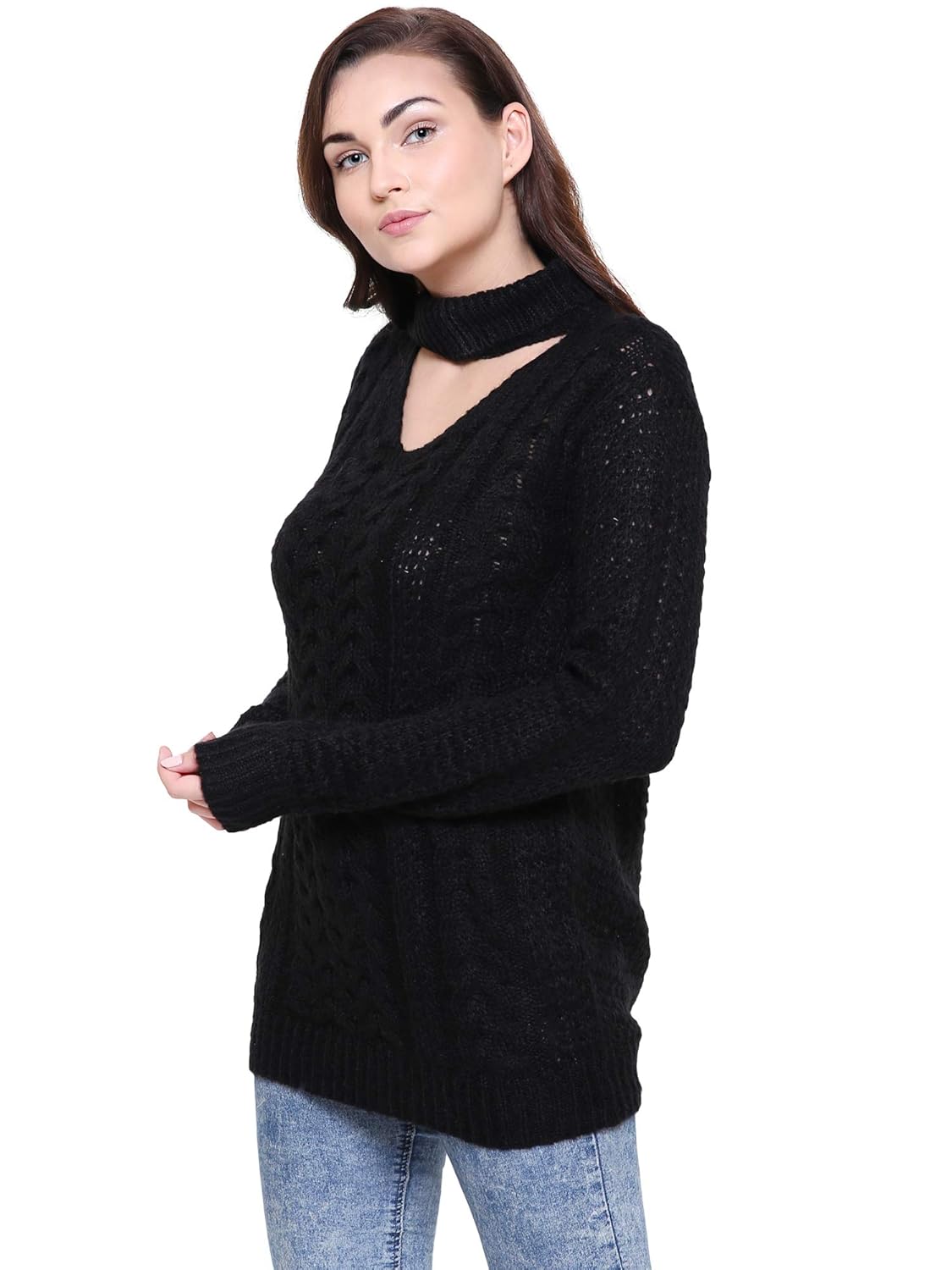 mansicollections black chunky knit choker sweater for women