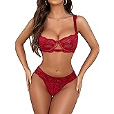 Donnalla Sexy Lingerie for Women 2 Piece Lace Bra and Panty Sets Ruffle Push Up Bralette Mesh Sheer Underwire Outfits