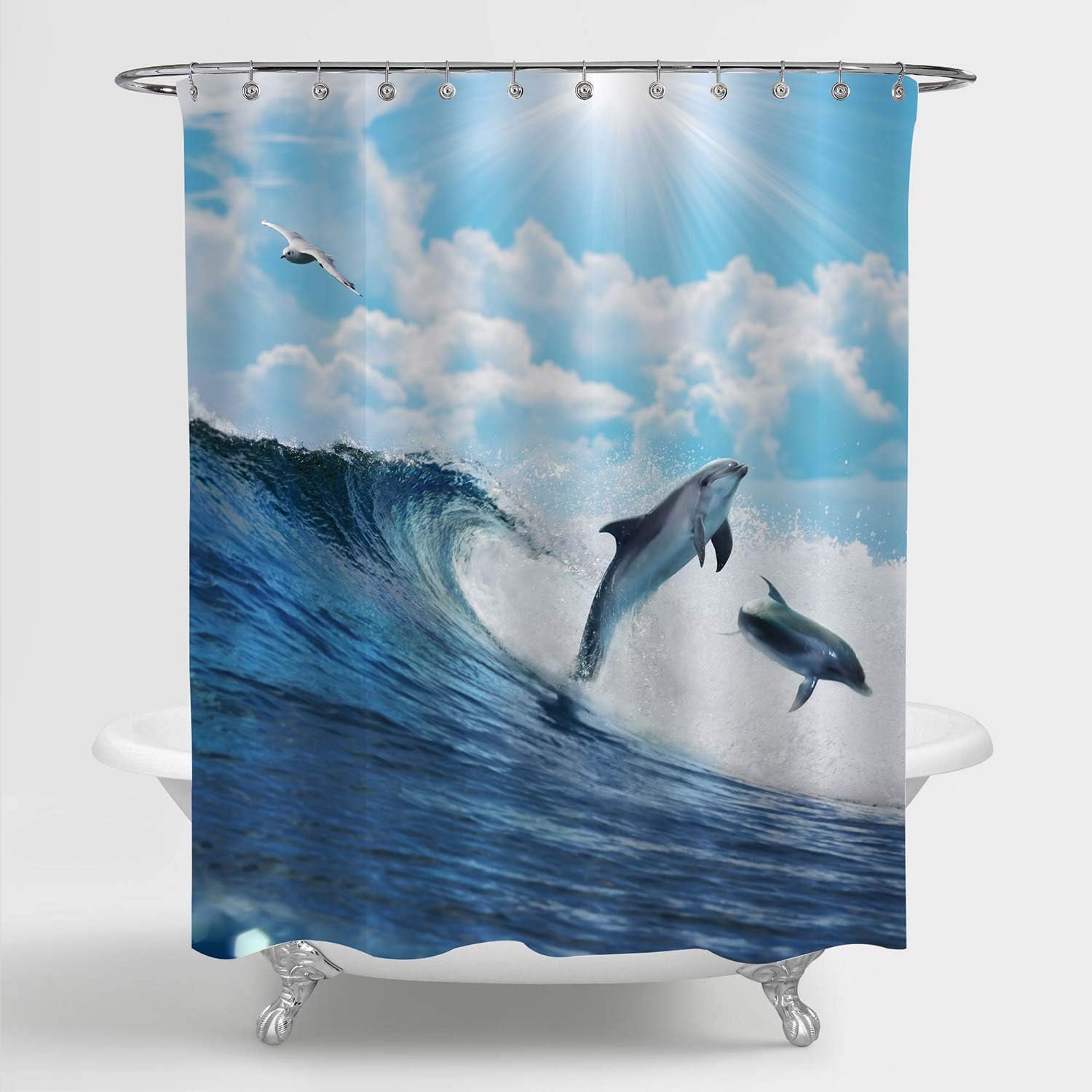 Amazon Com Mitovilla Playful Dolphin Shower Curtain For Ocean Themed Bathroom Decor Happy Dolphins Leaping From Ocean Breaking Surfing Wave With Cloudy Seascape Bathroom Accessories Blue 72 W X 72 L Home