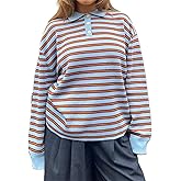 Women Y2k Striped Rugby Polo Shirt Knit Vinatge Tops Long Sleeve Button Collared Neck Preppy Pullover Sweatshirt