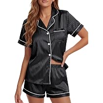 LYANER Women's Satin Silky Pajamas Set Short Sleeve Button Shirt