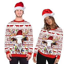 ALBIZIA Unisex Cow with Christmas Hat Print Crew