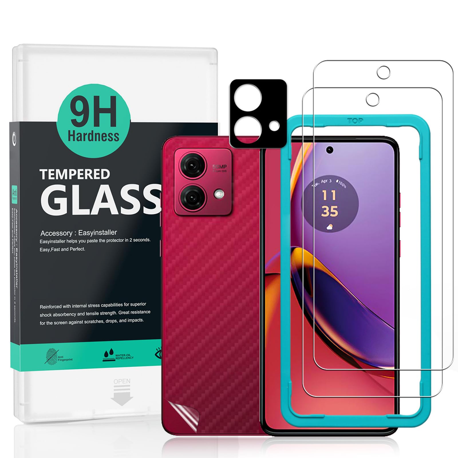 Screen Protector For Motorola Moto G84 5G 6.5"[2 Pack],with 2Pcs Tempered Glass,1Pc Camera Lens Protector,1Pc Backing Carbon Fiber Film[Fingerprint Reader,Easy to install]