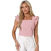 Allegra K Gingham Tops for Women Summer Ruffle Cap Sleeve Square Neck Plaid Blouses Shirt Summer Outfits