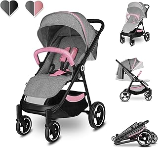 Lionelo Natt Kinderwagen Buggy bis 22 kg Buggy mit Liegeposition Fußstützenverstellung XXL Verdeck mit Sichtfenster EVA Räder Moskitonetz zusammenklappbar (Rosa)