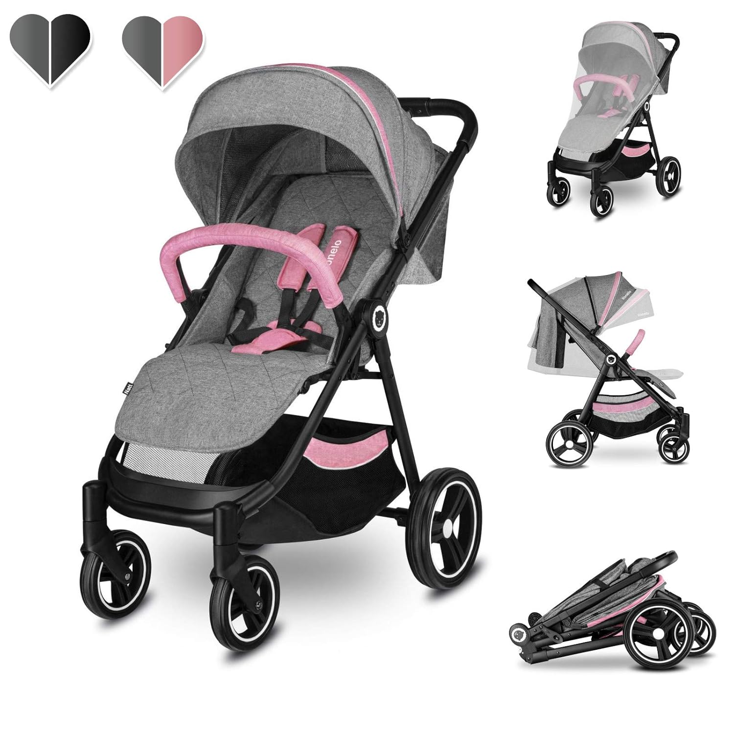 Lionelo Natt Kinderwagen Buggy bis 22 kg Buggy mit Liegeposition Fußstützenverstellung XXL Verdeck mit Sichtfenster EVA Räder Moskitonetz zusammenklappbar (Rosa)