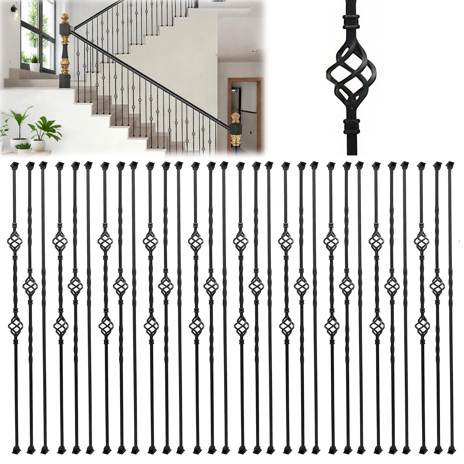 Photo 1 of 30 Pack Iron Balusters,1/2" x 44" Black Spindles Hollow Double&Single Basket Iron Spindles Double Twist, Square Metal Baluster with 180 Degree Adjustable Baluster Swivel Shoes
