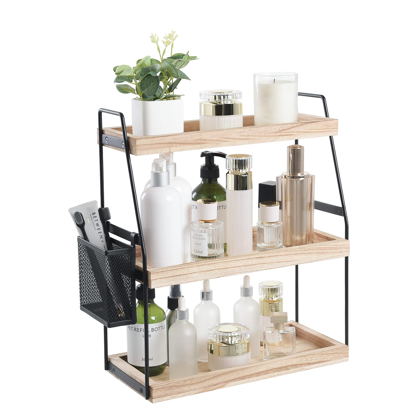Photo 1 of Bathroom Counter Organizer, 3-Tier Standing Storage Shelf with Basket, Wood Tray for Skincare Vanity Organizer