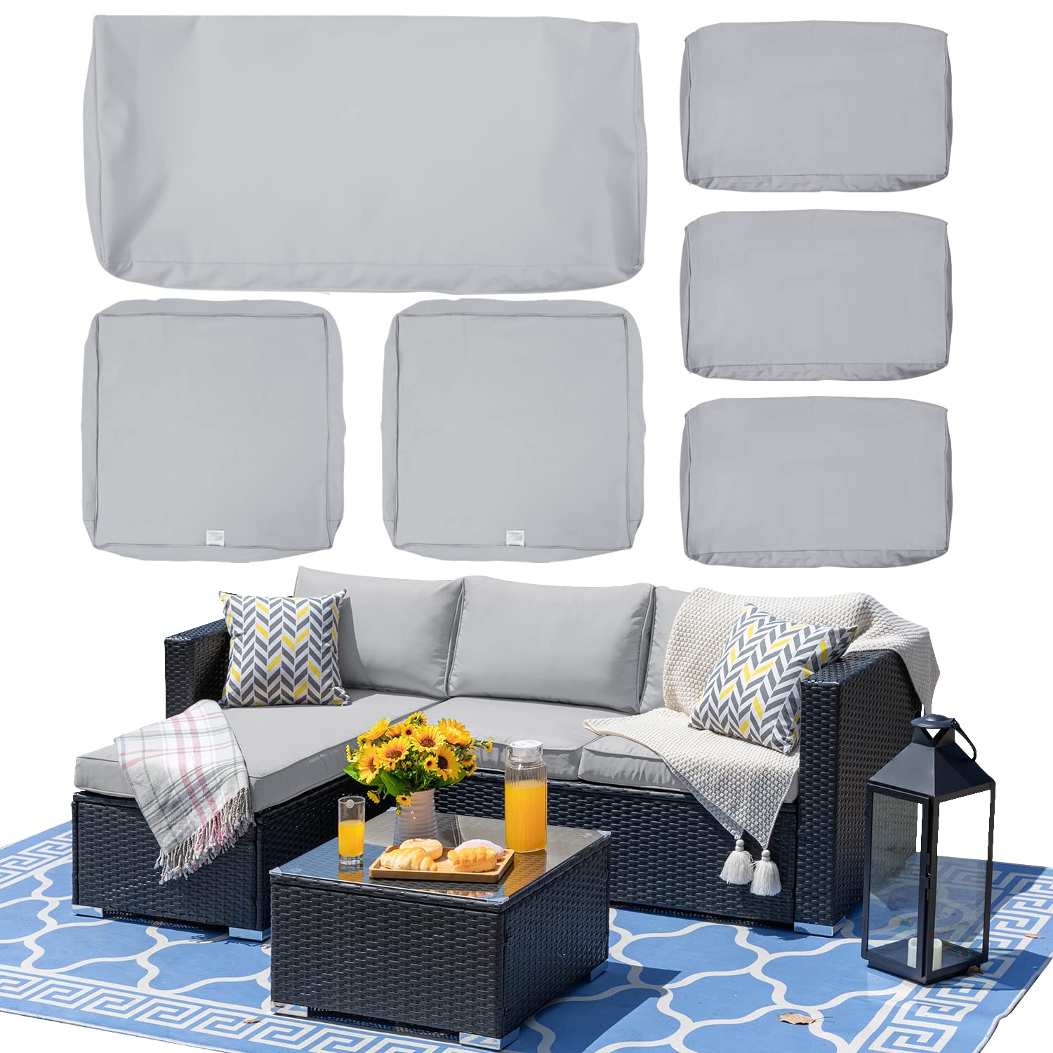 Photo 1 of ClawsCover 6Pack Outdoor Seat and Back Cushions Replacement Covers Fit for 3 Pieces 3-Seater Wicker Rattan Patio Furniture Conversation Set Sectional Couch Chair,Gray-Include Cover Only