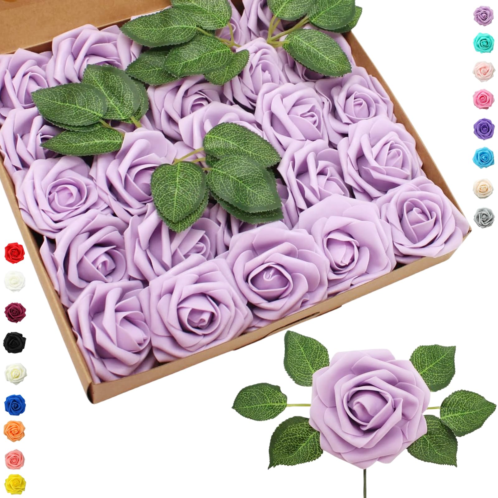 25p Faux Baby Purple Roses Artificial Flowers Roses,Real Touch Foam Rose Fake Flowers Artificial Rose Bulk with Stem for Wedding Decor,Bridal Shower Crafts Home Baby Shower Valentines Day Decoration