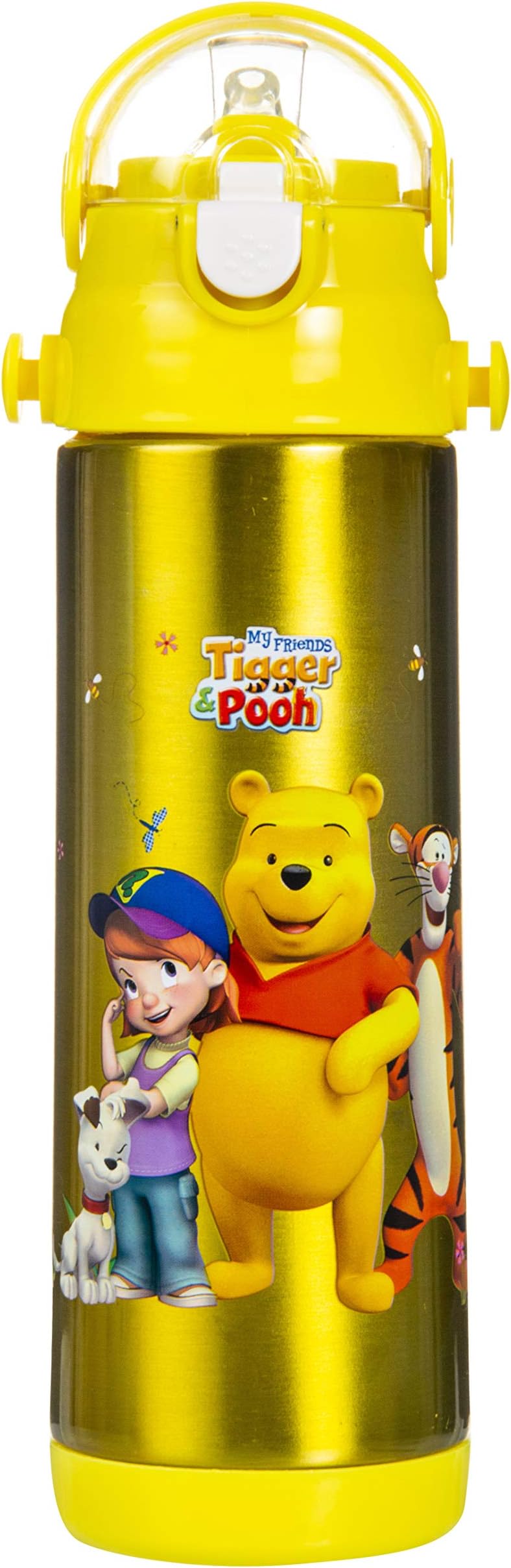 Solitude Cartoon Character Double Layer Insulated Stainless Steel Hot and Cold Sipper Yellow Water Bottle for Kids with Neck Strap - 500 ml (Yellow)