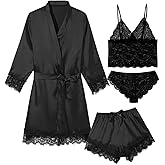 QLVKYW Womens 4 Pcs Lingeries Silk Pajamas Robes Set Sexy Pjs Cami Shorts Satin Sleepwear Lace Loungewear