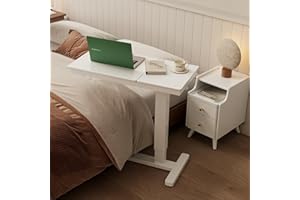 KASLANDI Solid Wood Overbed Bedside Table with Wheels,Adjustable Height Bed Side Table,Hospital Bed Table,Bed Table for Hospital and Home Use,Rolling Table,Couch Table(White)