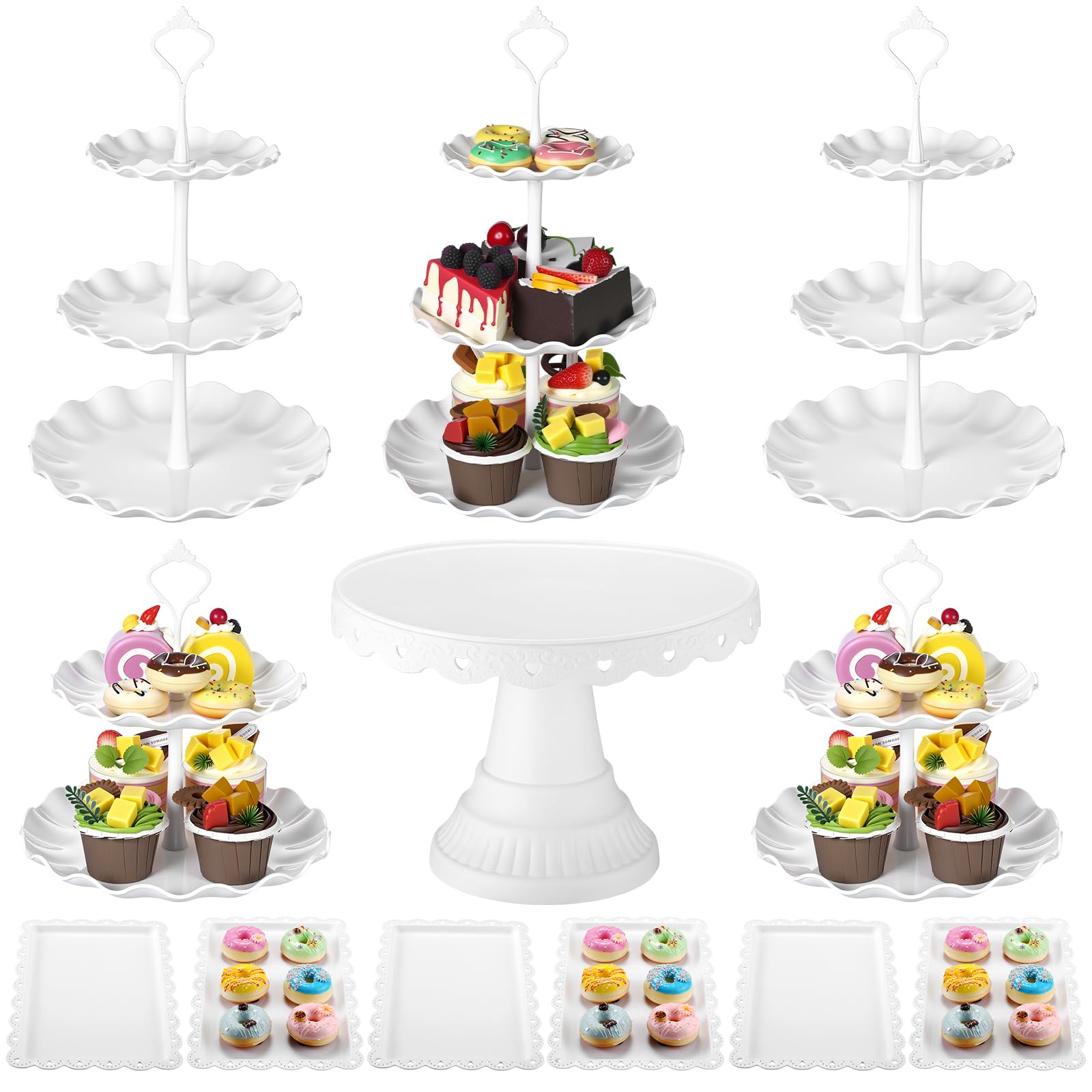Photo 1 of Willinglong 12 Pcs Dessert Table Display Stand Set Include 5 Cupcake Stand Holder Tier Tower 1 Cake Holder 6 Serving Tray Combo for Party Birthday Baby Shower Wedding(Elegant,White,White)