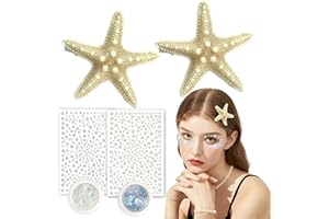 JELUTAR 6 Pcs Starfish Hair Clips Set, Mermaid Costume Accessories with Face Body Glitter and Pearl Stickers for Women, Perfect for Halloween and Cosplay (Mix Glitter Combo)