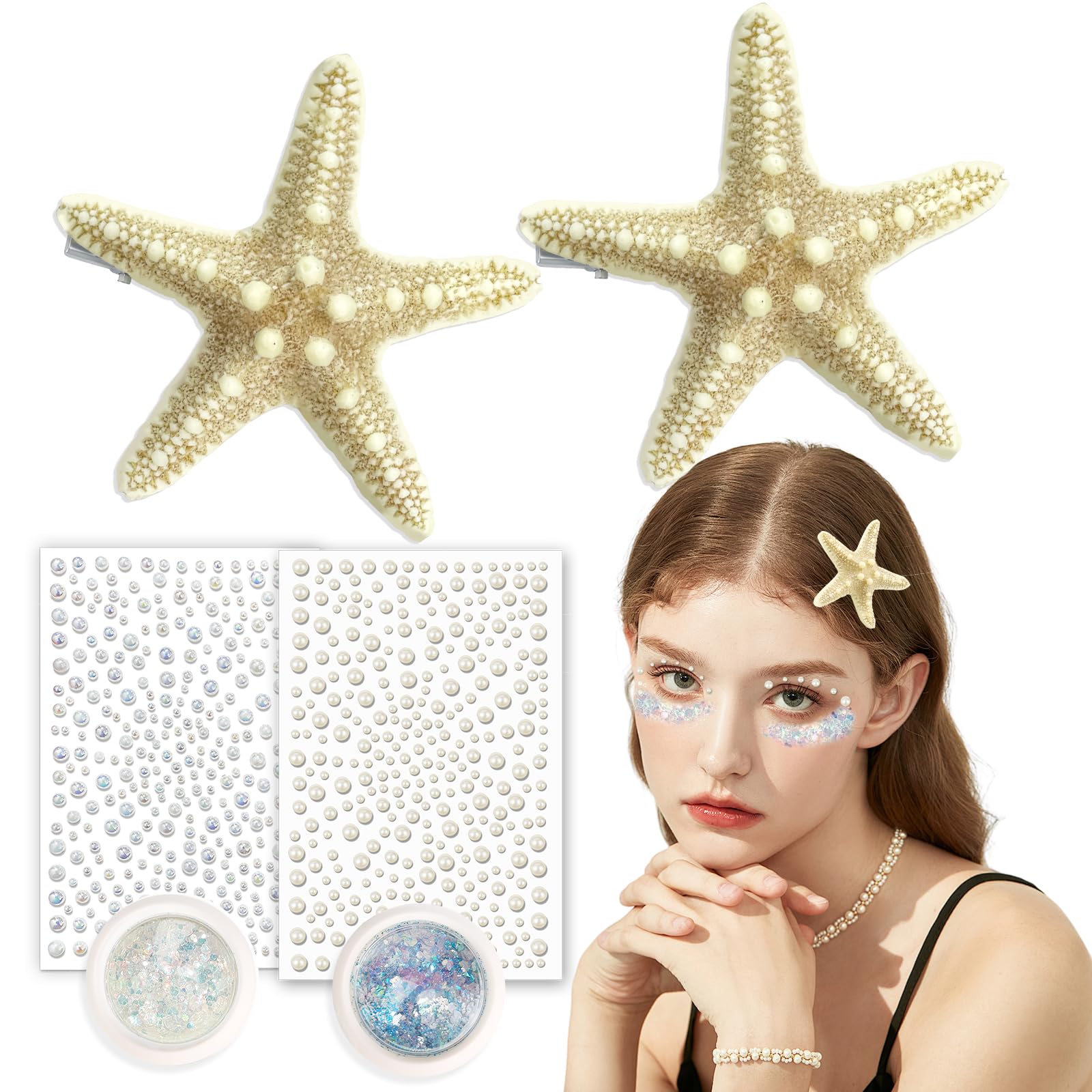 Photo 1 of **PARTIAL SET/MISSING A STARFISH** JELUTAR 6 Pcs Starfish Hair Clips Set, Mermaid Costume Accessories with Face Body Glitter and Pearl Stickers for Women, Perfect for Halloween and Cosplay (Mix Glitter Combo)