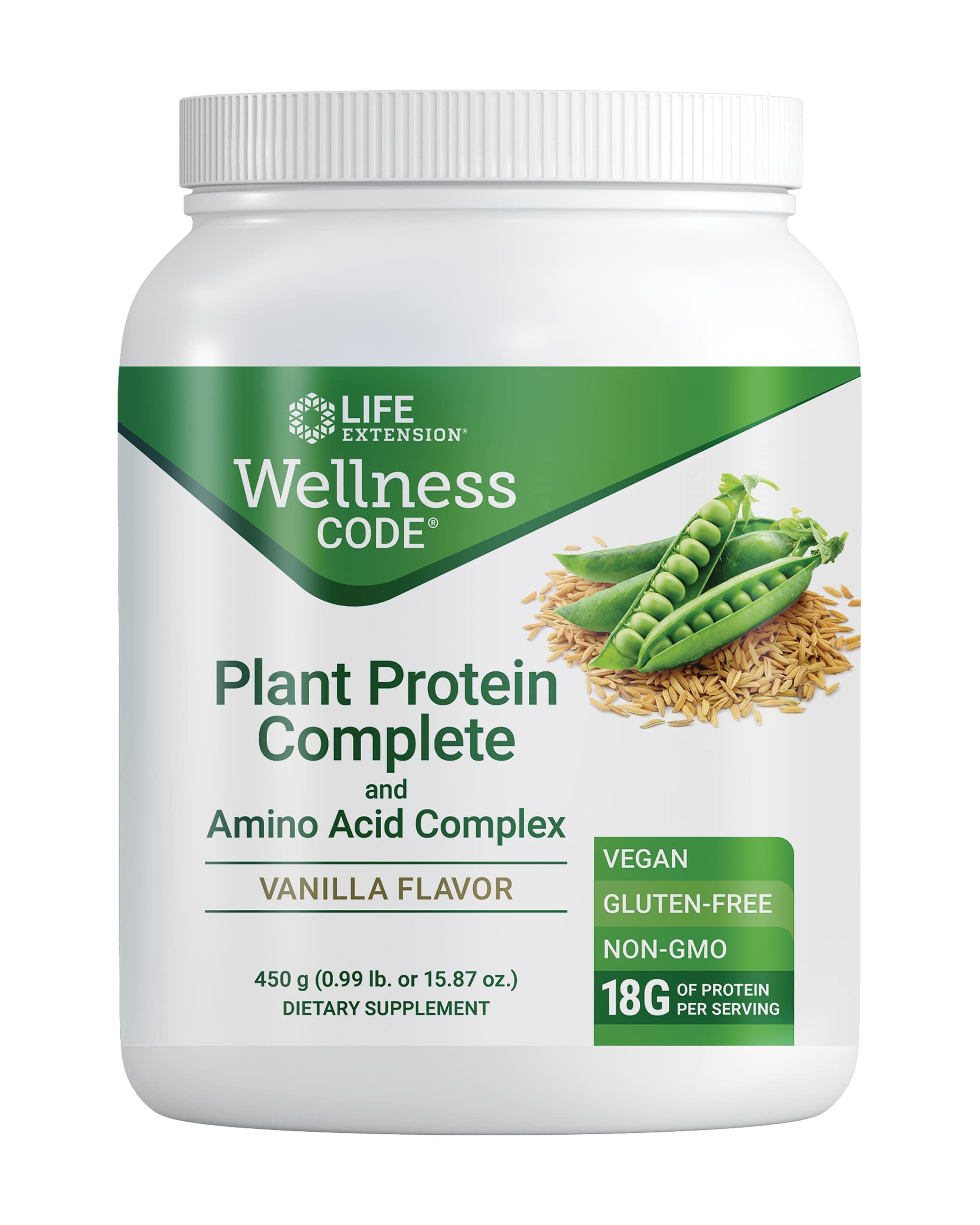 Life Extension Wellness Code® Plant Protein Complete & Amino Acid Complex (Vanilla), Plant-Based Protein Powder Plus branched-Chain Amino acids, Gluten-Free, Non-GMO, Vegetarian, 450 Grams