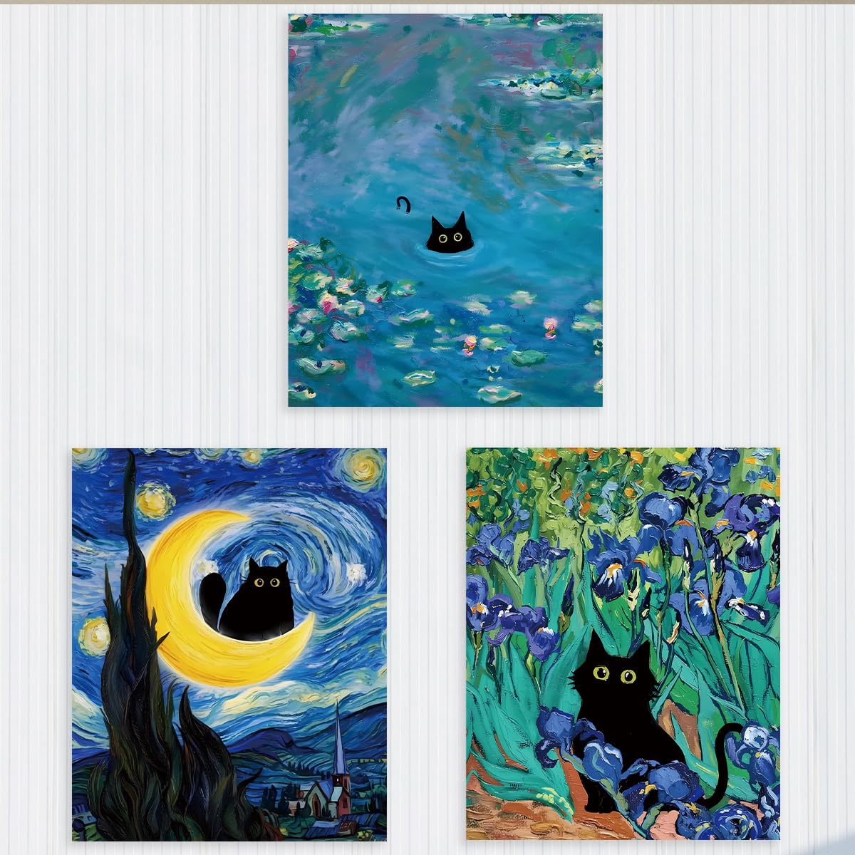 Photo 1 of 3Pcs The Starry Night Cat Wall Art Canvas Paintings, Gifts for Cat Lovers, Aesthetic Poster Prints Wall Decor Pictures for Living Room Bedroom Office, Unframed 1