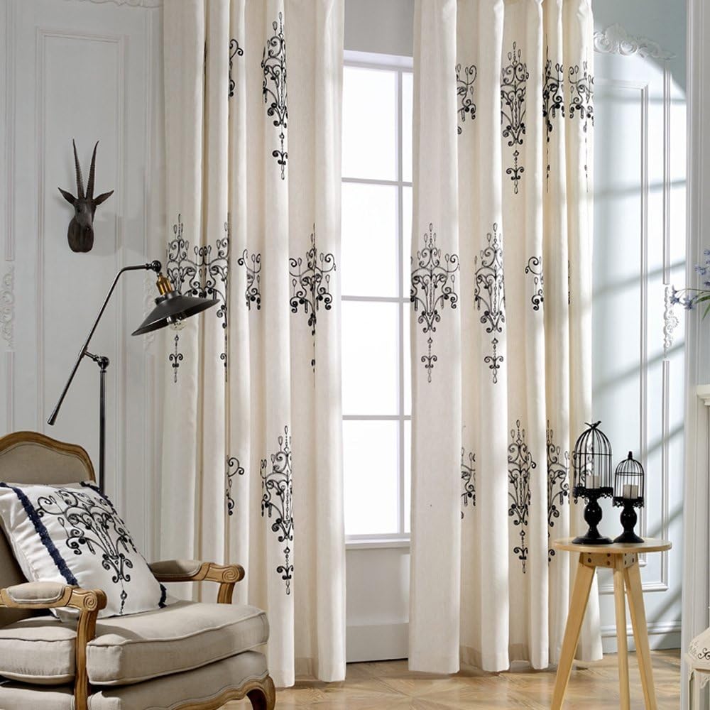 KoTing Home Fashion Classical Cream White Cotton Linen European Style Abstract Black Crystal Lamp Embroidery Window Curtains Drapes Grommet Top,1 Panel,72 by 100-Inch